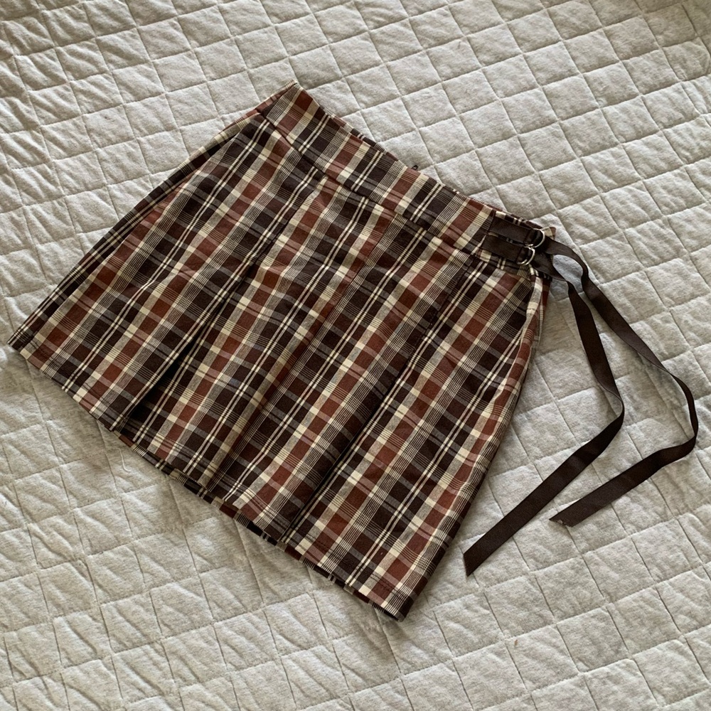 Rare Vintage K Scion high waist plaid pleated brown neutral school girl skirt